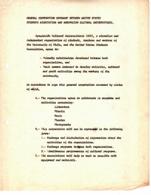 Acuerdo general entre la Agrupación Cultural Universitaria (ACU) y la Unión Nacional de Estudiantes de Estados Unidos de Norteamérica