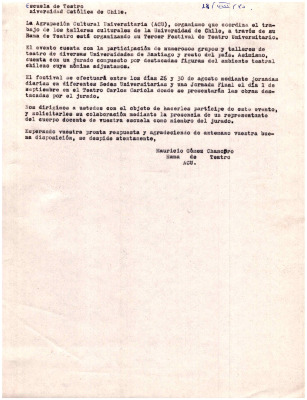 Carta a Escuela de Teatro de la Universidad Católica de Chile