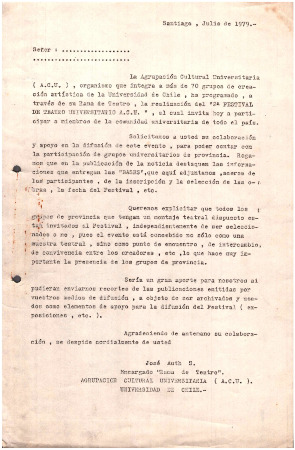 Carta tipo invitación a "2do Festival de Teatro Universitario ACU" 