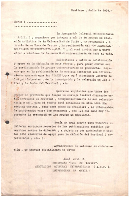 Carta tipo invitación a "2do Festival de Teatro Universitario ACU" 