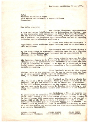 Carta a Fernando Valenzuela Erazo, vice rector de extensión y comunicaciones