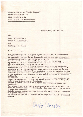 Carta por visita del profesor Klaus Fricke