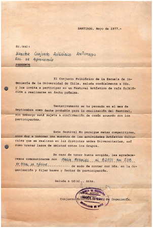 Carta del Conjunto Folclórico de Ingeniería a Conjunto Folclórico de Antumapu