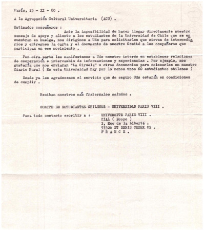 Carta de apoyo a estudiantes en huelga, desde París