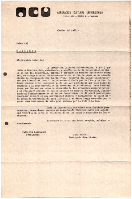 Carta tipo invitando al Cuarto Festival del Cantar Universitario