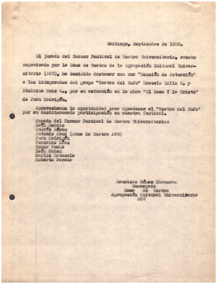 Comunicado por "Mención de actuación" a grupo "Teatro del Bufo"
