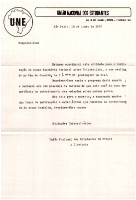 Invitación a Seminario Nacional Uniao Nacional Dos Estudantes - Brasil