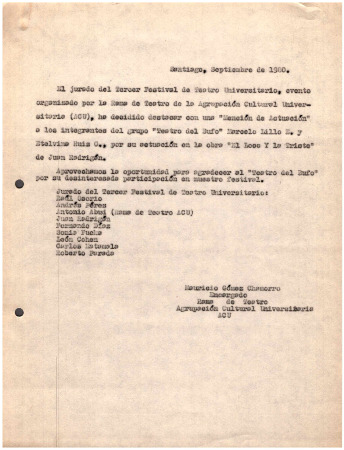 Comunicado por "Mención de actuación" a grupo "Teatro del Bufo"