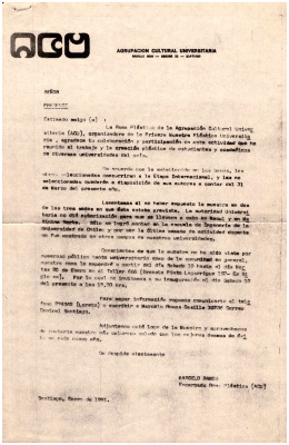 Carta de agradecimiento por la Primera Muestra Plástica Universitaria