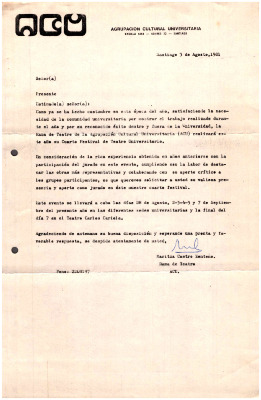 Carta invitación al Cuarto Festival de Teatro Universitario