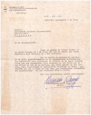 Carta de Decana Herminia Raccagni Ollandini