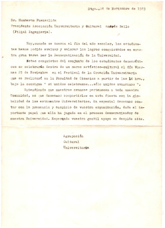 A Sr. Humberto Fuenzalida, Presidente Asociación Universitaria y Cultural Andrés Bello