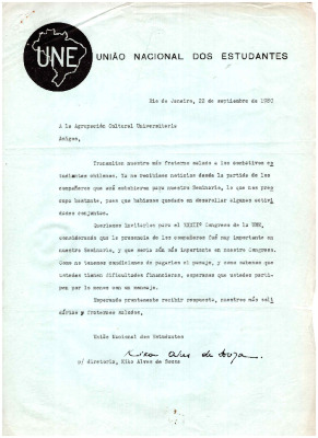 Invitación al XXXII Congreso de la UNE (Uniao Nacional Dos Estudantes - Brasil) 