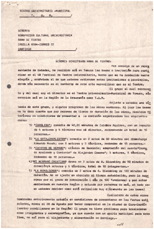 Carta del Teatro Universitario Municipal de Temuco