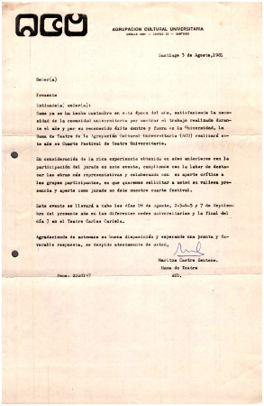 Carta invitación al Cuarto Festival de Teatro Universitario