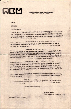 Carta de agradecimiento por la Primera Muestra Plástica Universitaria