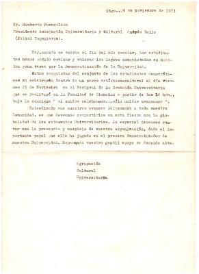 A Sr. Humberto Fuenzalida, Presidente Asociación Universitaria y Cultural Andrés Bello