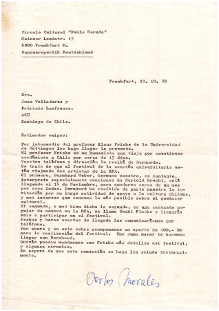 Carta por visita del profesor Klaus Fricke