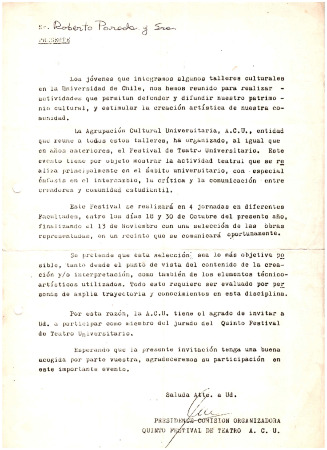 Carta a Roberto Parada y Sra.