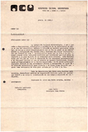 Carta tipo invitando al Cuarto Festival del Cantar Universitario