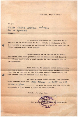 Carta del Conjunto Folclórico de Ingeniería a Conjunto Folclórico de Antumapu