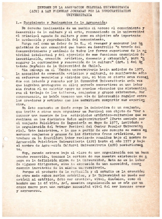 Informe de la Agrupación Cultural Universitaria (ACU) a las primeras jornadas por la democratización universitaria 
