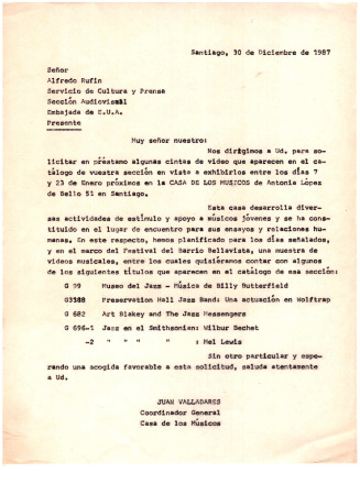 Carta a Alfredo Rufin, Servicio de Cultura y prensa, Embajada de Estados Unidos