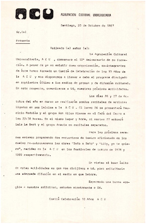 Carta tipo informando conmemoración 10° Aniversario de la ACU