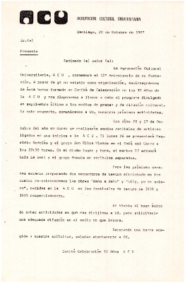 Carta tipo informando conmemoración 10° Aniversario de la ACU