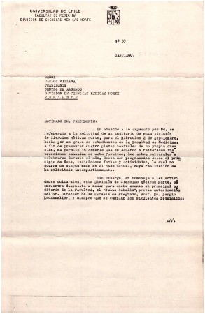 Carta a Carlos Villena, pdte. Centro de Alumnos Ciencias Médicas Norte