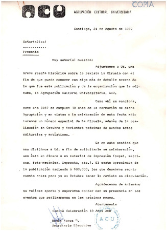 Carta tipo reseña histórica de La Ciruela