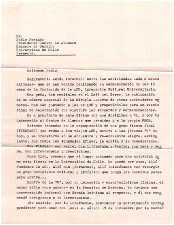 Carta a Pablo Jaegger Presidente Centro de Alumnos Escuela de Derecho U. de Chile 