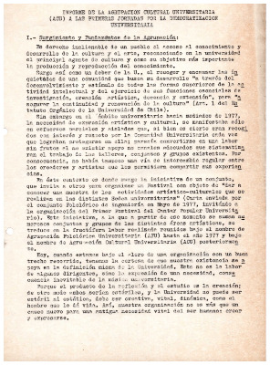 Informe de la Agrupación Cultural Universitaria (ACU) a las primeras jornadas por la democratización universitaria 