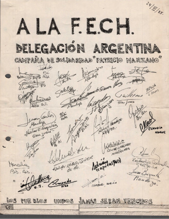 A la FECH. Delegación argentina, campaña de solidaridad "Patricio Manzano"